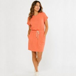 Lou & Grey Coral Tangerine French Terry Drawstring Waist Dress Large‎ Pockets
